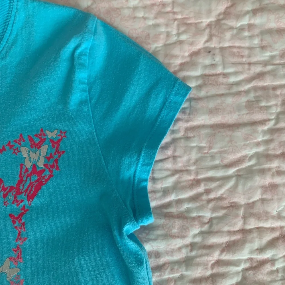 Children’s Place Shirt Girl L 10-12 Blue Short Cap Sleeves Lightweight Butterfly